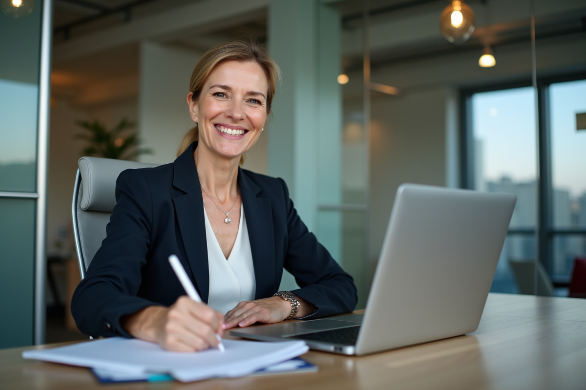 Femme professionnelle souriante utilisant un ordinateur dans un bureau contemporain