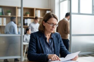 Femme d affaires en bureau regardant des papiers