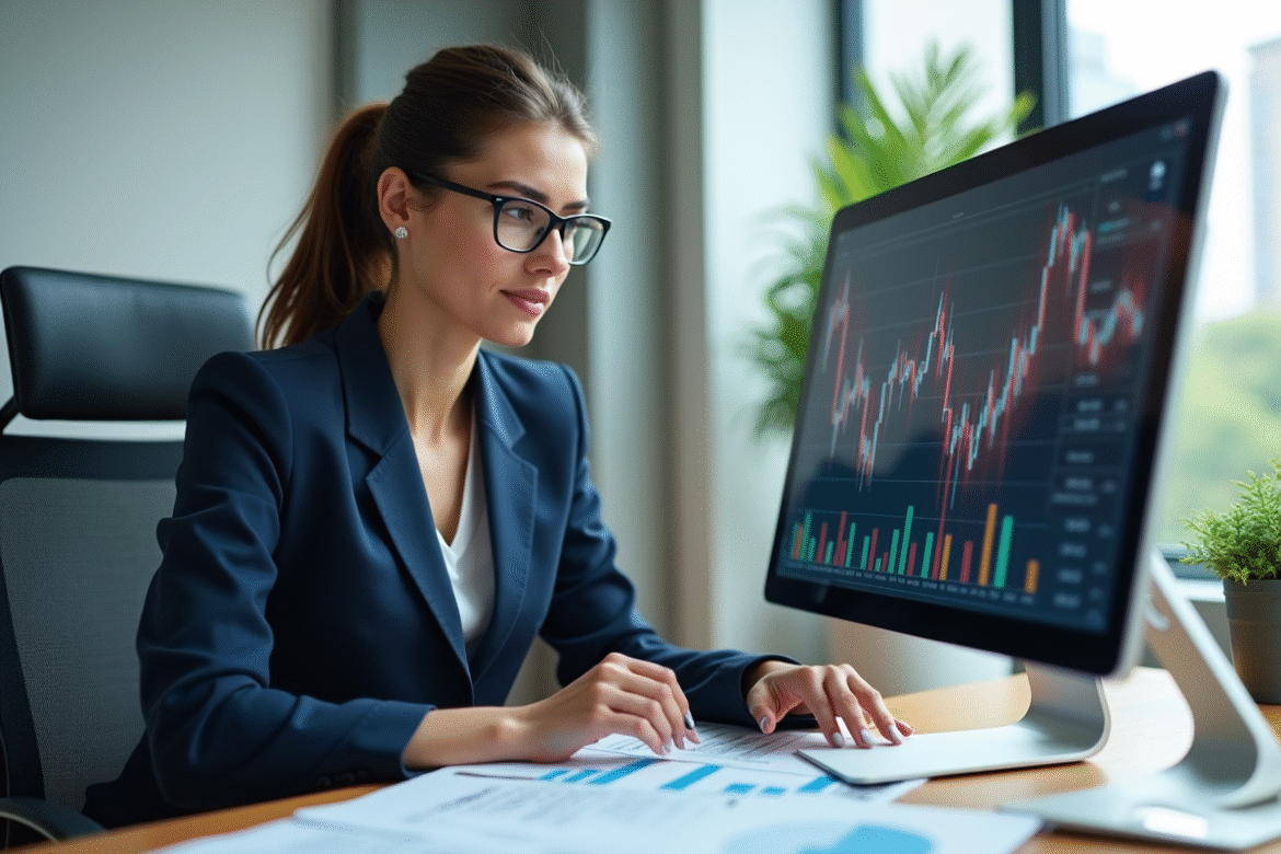 Femme d affaires analysant des graphiques économiques colorés