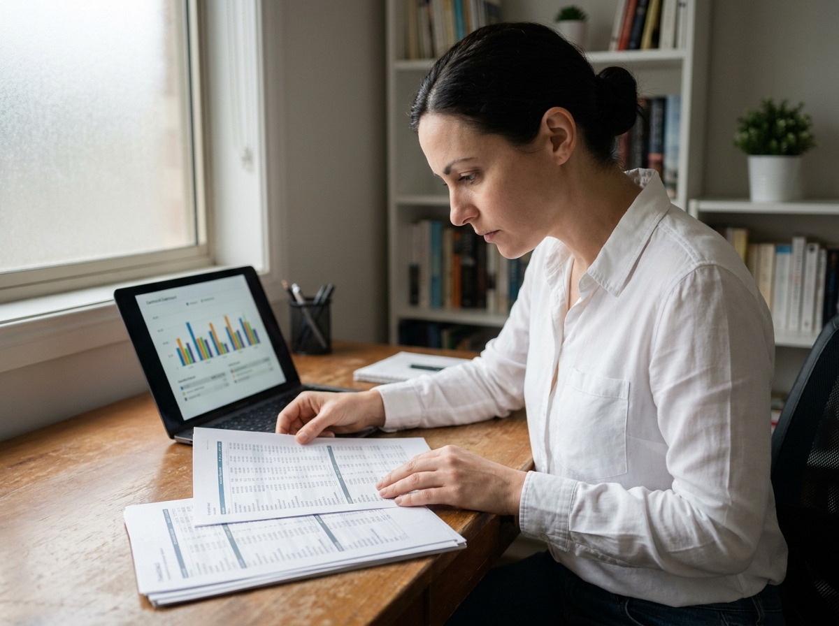 Femme analysant des tableaux financiers prévisionnels sur bureau en bois avec ordinateur portable affichant des graphiques