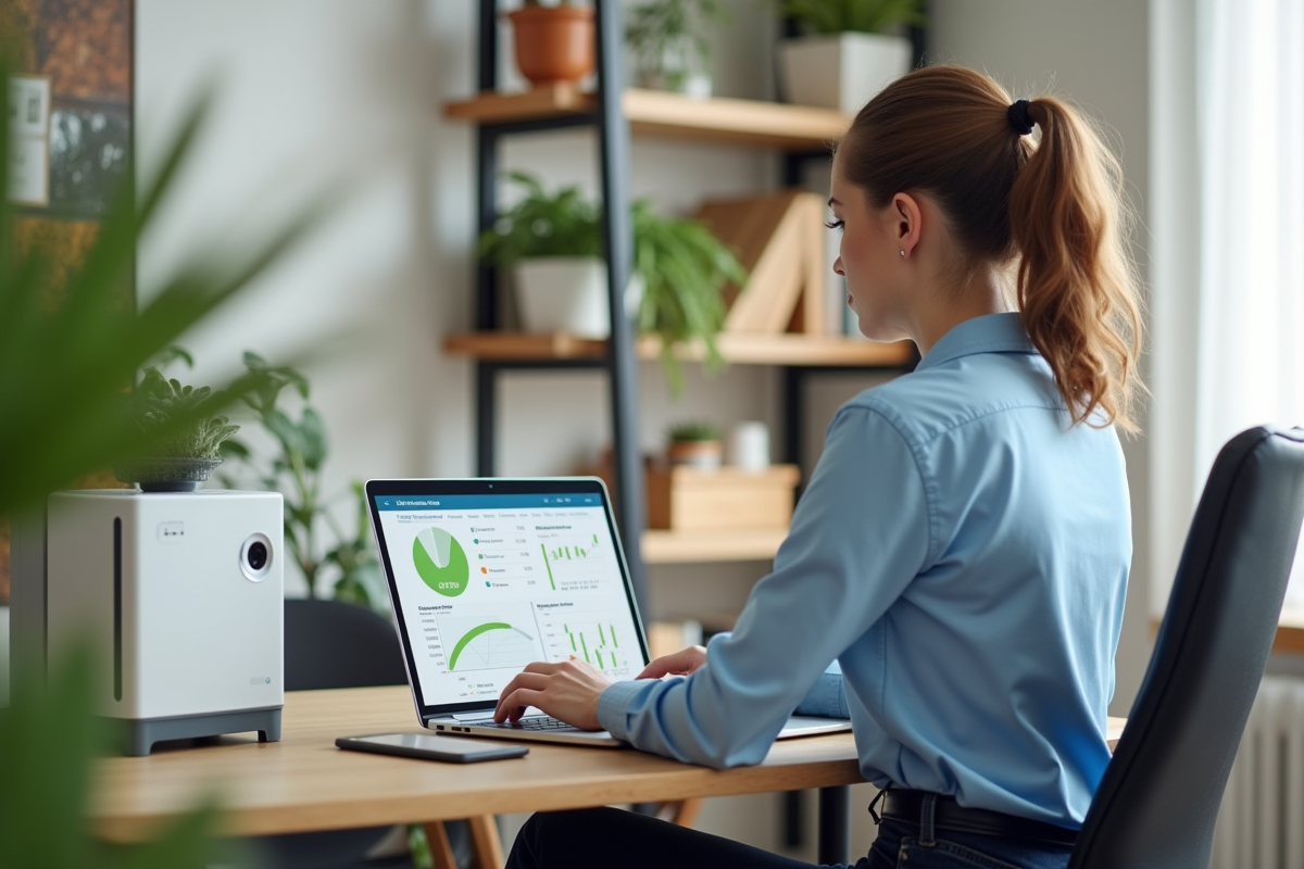 Jeune femme consulte un tableau de bord énergétique chez elle