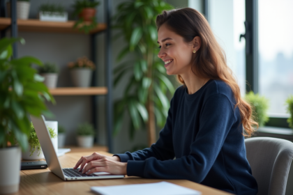 Femme concentrée travaillant sur son ordinateur dans un bureau moderne