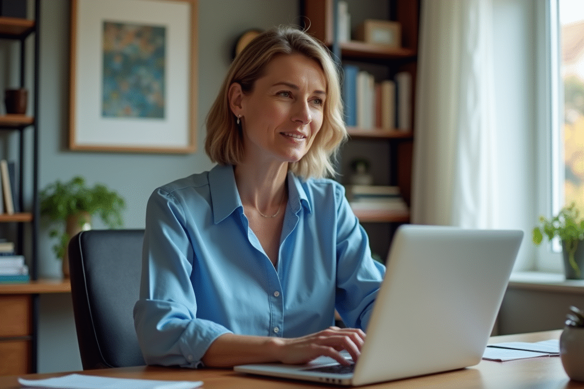 Femme d'âge moyen travaillant sur un ordinateur dans un bureau à domicile