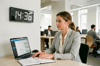 Femme professionnelle en bureau regardant une horloge au format 24 heures pour organiser son planning