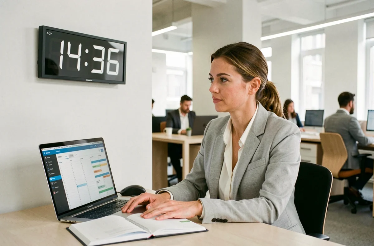Femme professionnelle en bureau regardant une horloge au format 24 heures pour organiser son planning