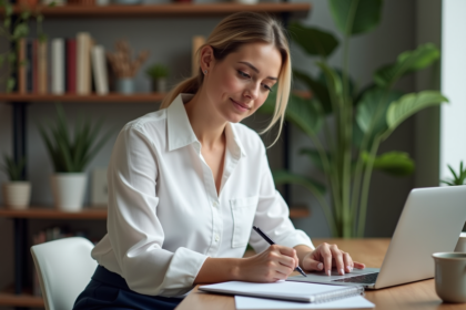 Femme concentrée travaillant à son bureau à la maison