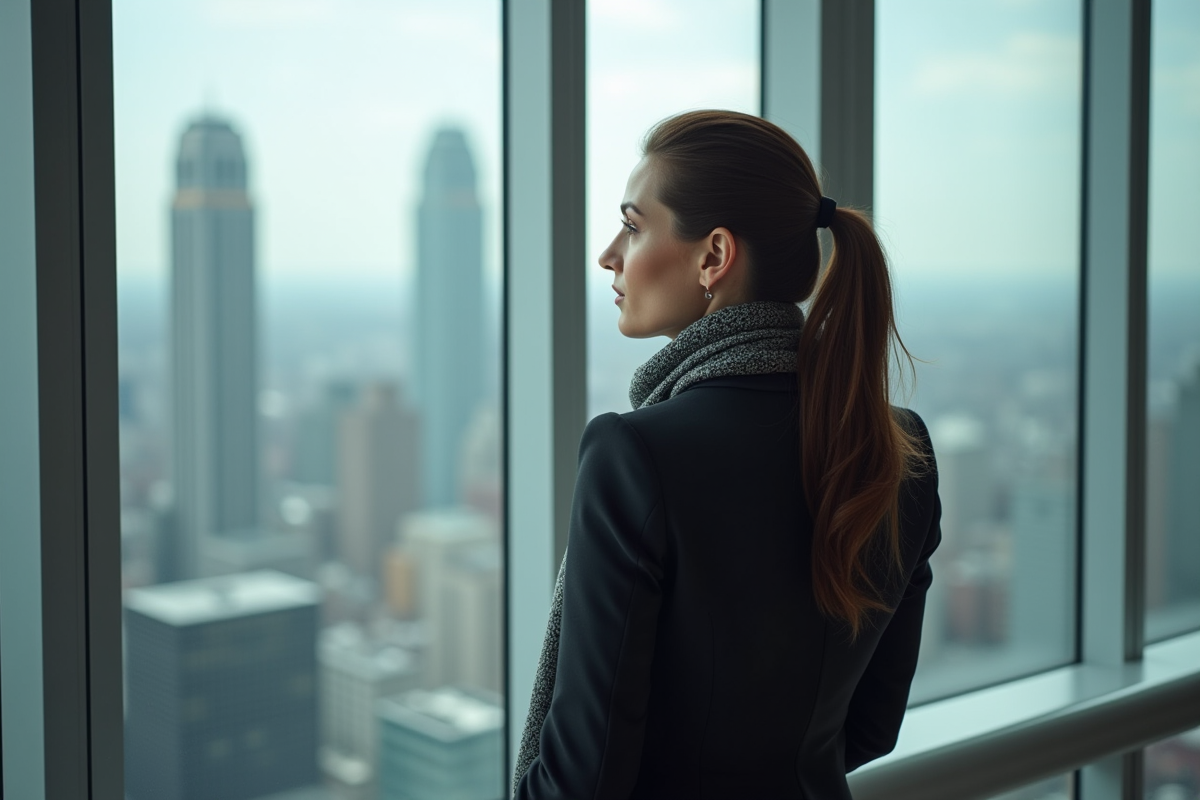 Femme regardant par une grande fenetre dans un bureau moderne
