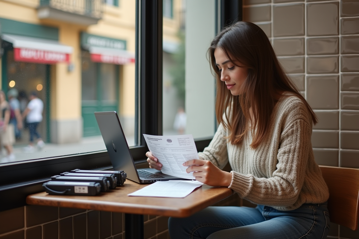 Jeune femme au café avec reçus et cartouches d