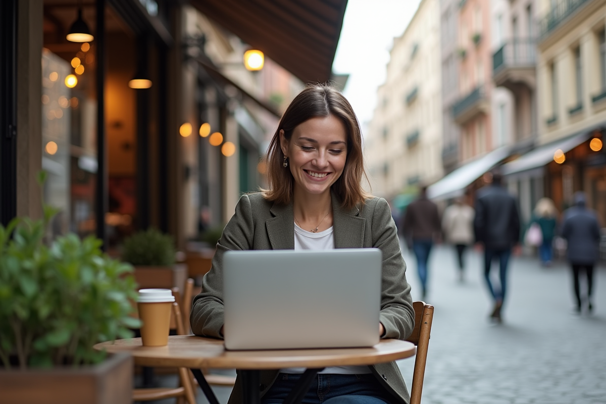 Femme confiante travaillant sur son ordinateur en extérieur