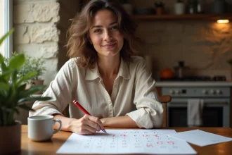 Femme marquant les jours fériés 2026 sur un calendrier papier imprimé dans une cuisine parisienne