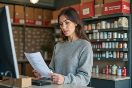 Femme frustrée au comptoir d'une agence DPD tenant un bon de suivi de colis bloqué