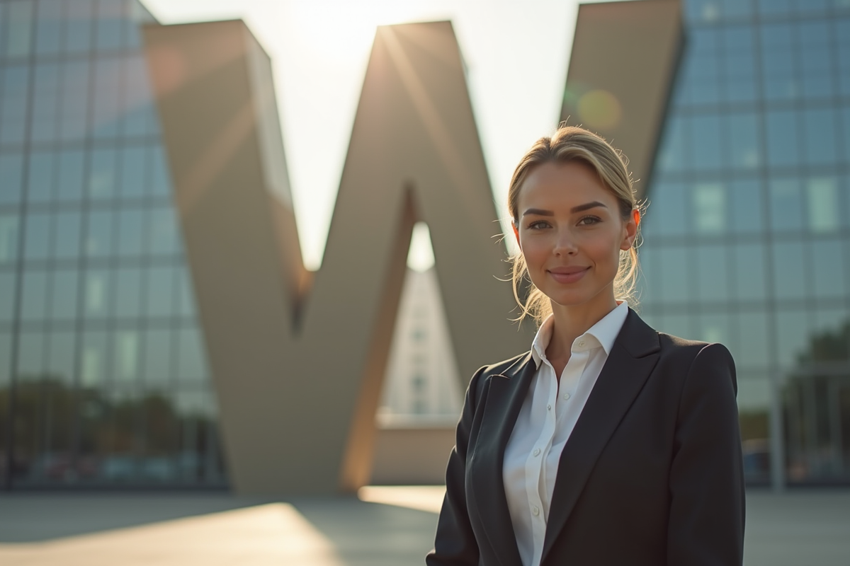 Femme confiante debout devant un bâtiment en forme de W en plein soleil