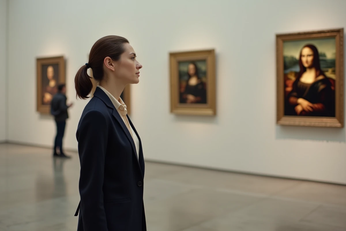 Femme contemplant une reproduction de la Joconde dans une galerie d'art moderne, expression pensive, atmosphère muséale contemporaine