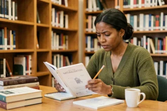 Femme étudiant les questions de naturalisation dans une bibliothèque avec des livres et des notes manuscrites