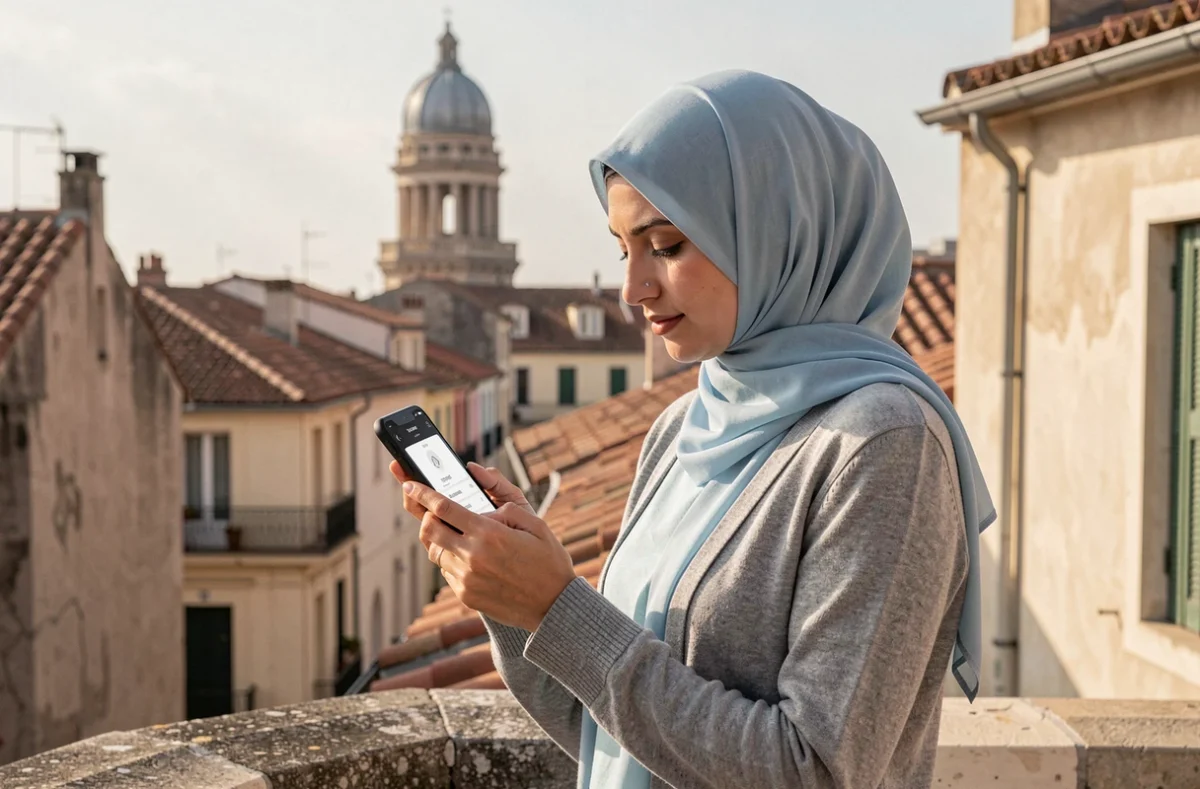 Femme voilée consultant les horaires de prière sur mobile avec vue sur Marseille et Notre-Dame de la Garde