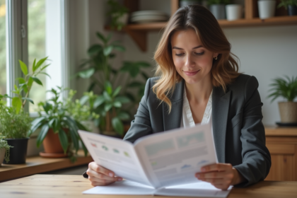 Femme en intérieur examinant brochures d'investissement durable