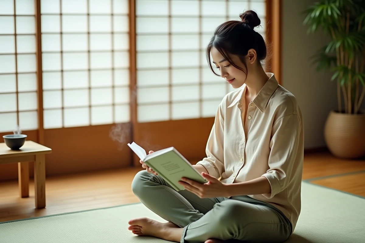 Jeune femme asiatique lisant un livre de proverbes chinois dans un intérieur minimaliste zen