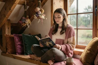 Jeune femme lisant un livre de romantasy installée dans un coin lecture cosy avec vue sur la pluie