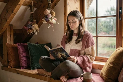 Jeune femme lisant un livre de romantasy installée dans un coin lecture cosy avec vue sur la pluie