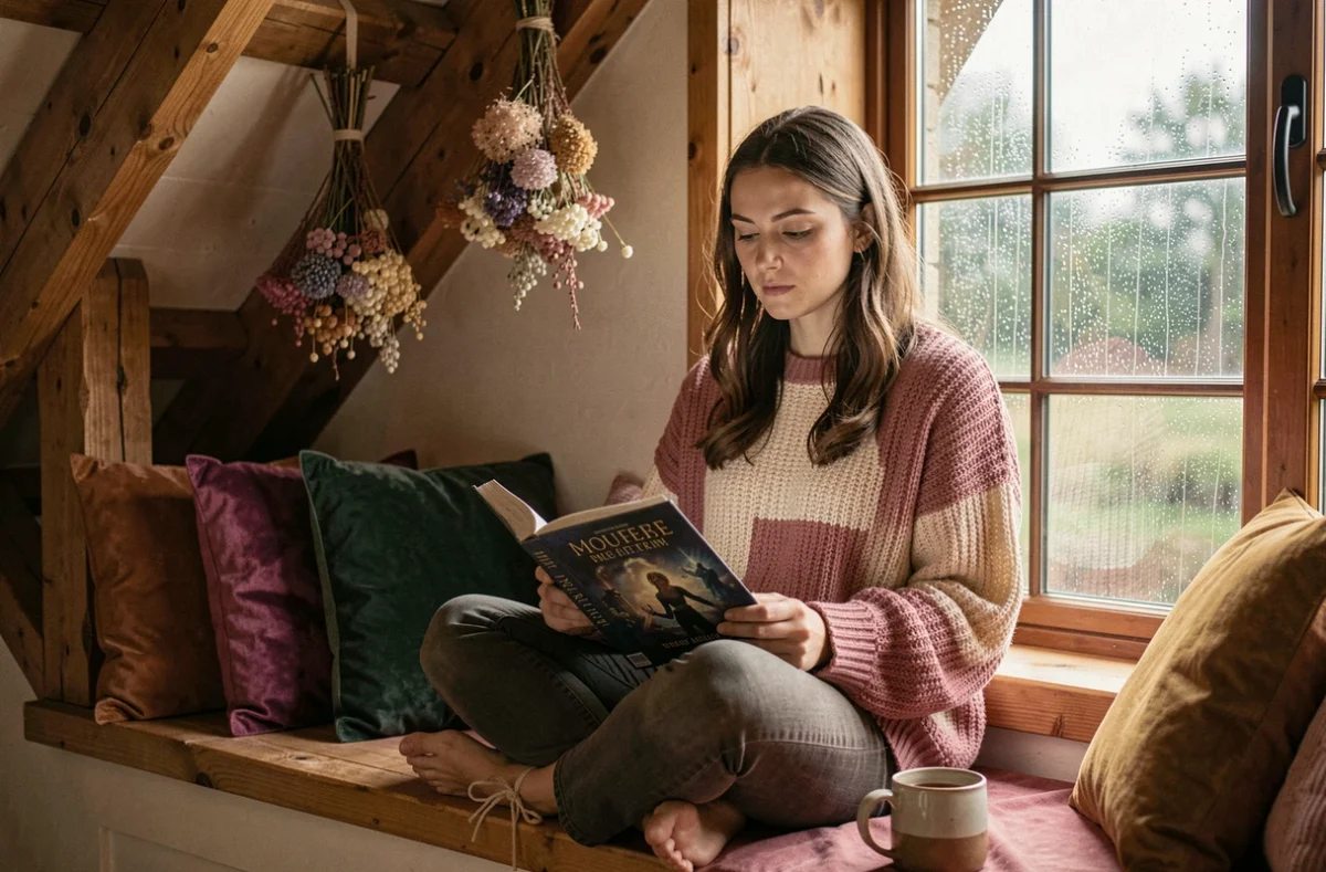 Jeune femme lisant un livre de romantasy installée dans un coin lecture cosy avec vue sur la pluie