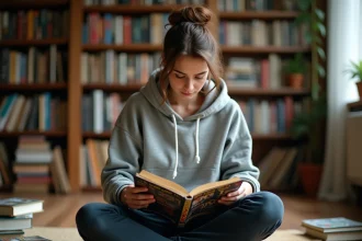 Jeune femme lisant un comic book Marvel assise sur un parquet entourée de bandes dessinées éparpillées