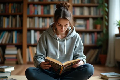 Jeune femme lisant un comic book Marvel assise sur un parquet entourée de bandes dessinées éparpillées
