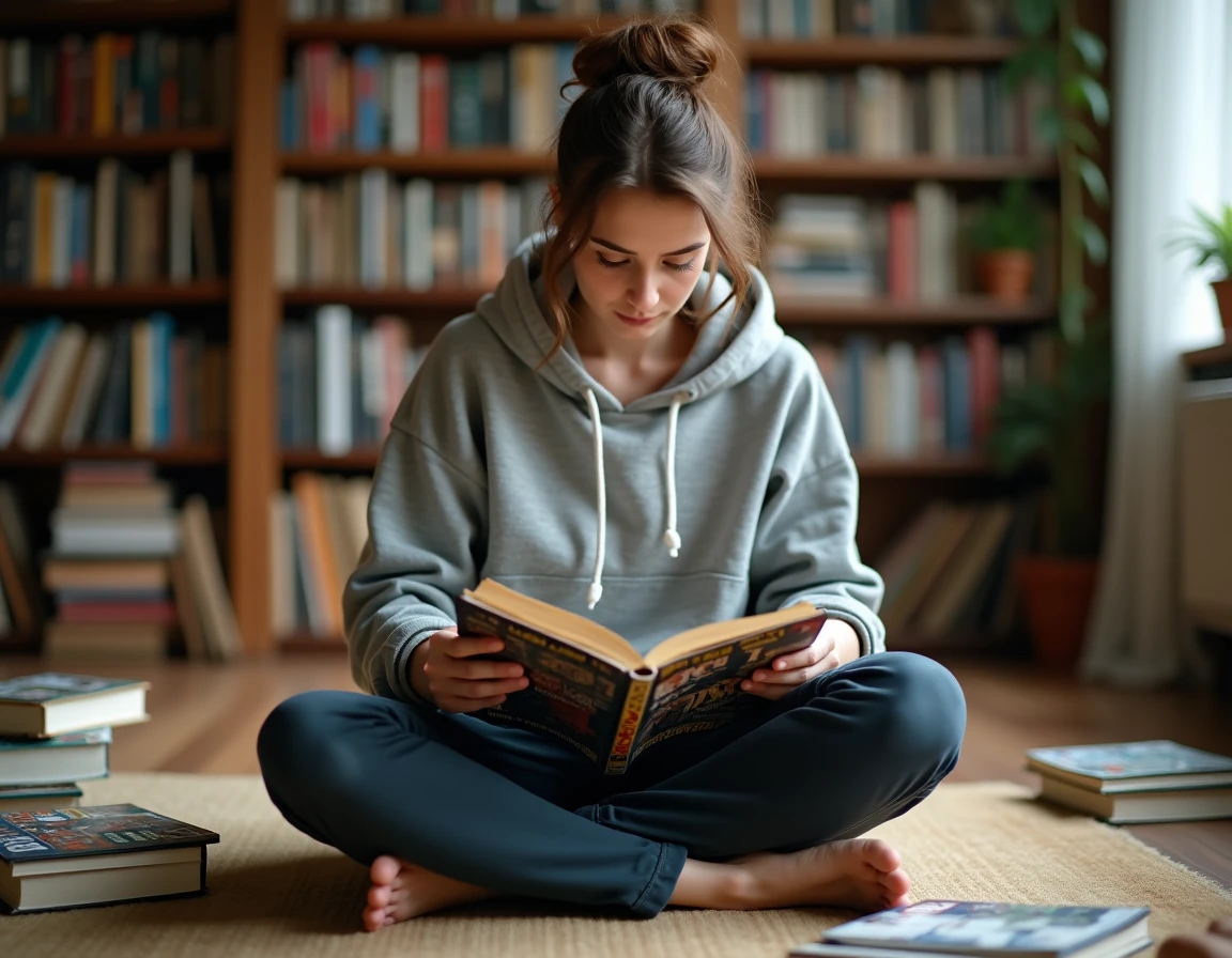 Jeune femme lisant un comic book Marvel assise sur un parquet entourée de bandes dessinées éparpillées