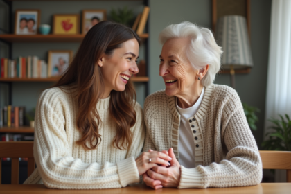 Femme adulte et sa mère souriantes dans un intérieur chaleureux