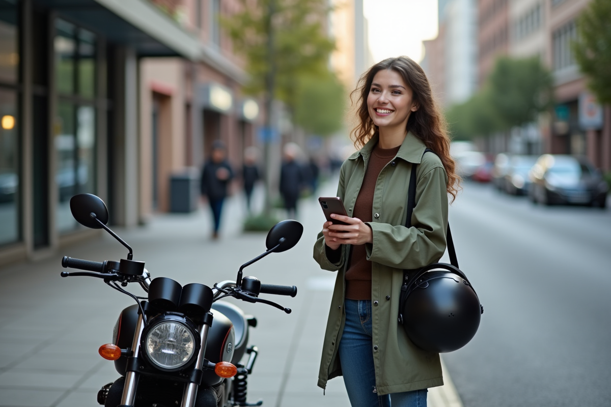 Femme avec casque et moto utilise son téléphone en ville