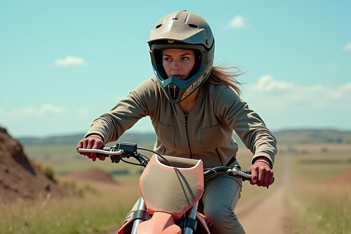 Jeune femme en pleine action sur une moto motocross