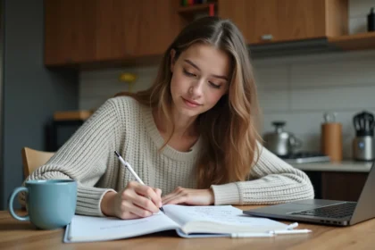 Jeune femme note des formules de conversion dans un cahier
