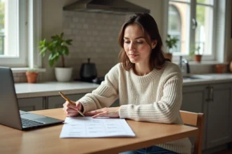 Jeune femme planifiant sa journée avec calendrier et ordinateur