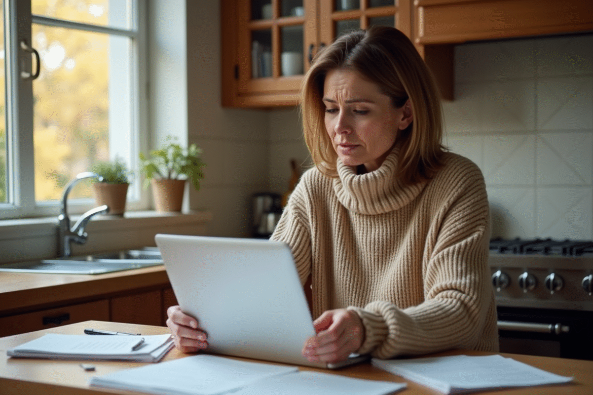 Femme d'âge moyen organisée à la maison avec papiers et ordinateur
