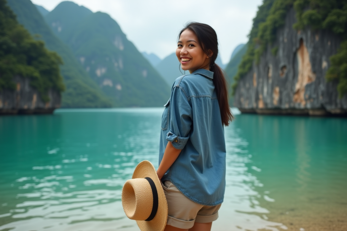 Femme philippine souriante au lac Kayangan avec eau émeraude