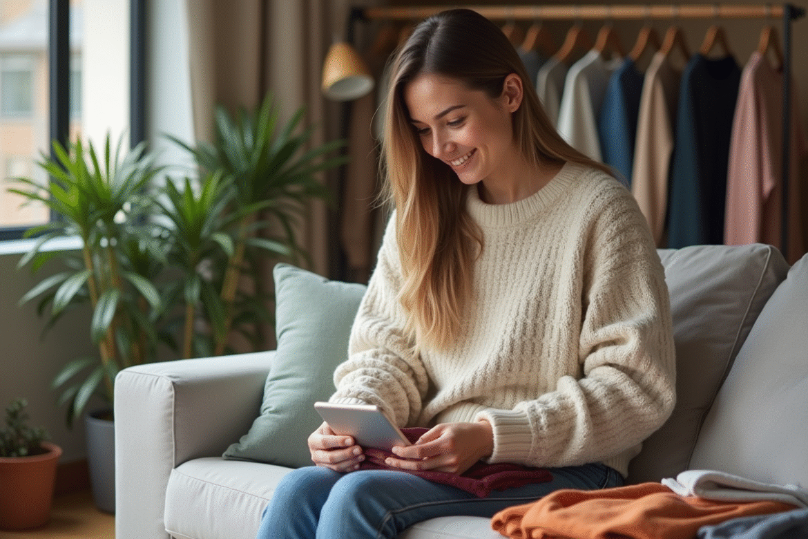 Jeune femme plie des vêtements colorés dans un salon cosy