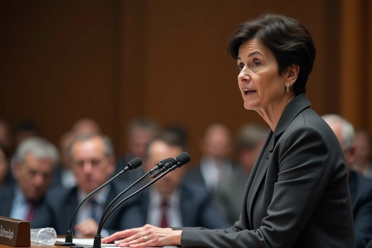 Femme politique turque prenant la parole à la tribune du parlement devant les députés