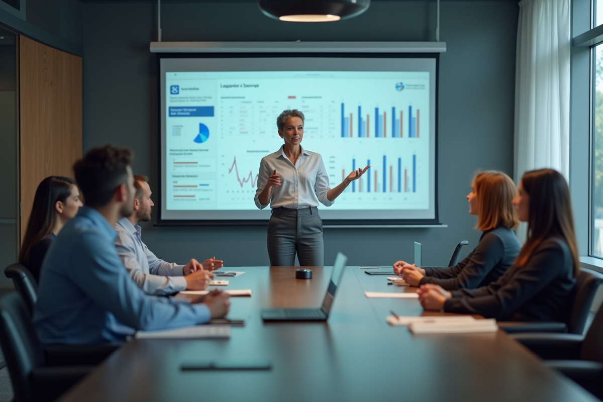 Femme en réunion présentant des données sur un projecteur 4K