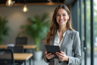 Femme professionnelle souriante dans un bureau moderne