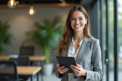 Femme professionnelle souriante dans un bureau moderne