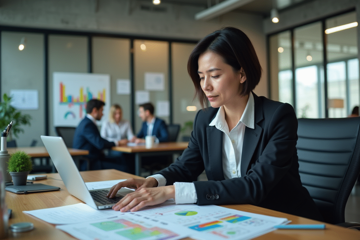 Femme d'âge moyen en bureau moderne avec un organigramme