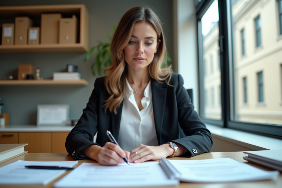 Femme professionnelle étudie documents de prêt immobilier