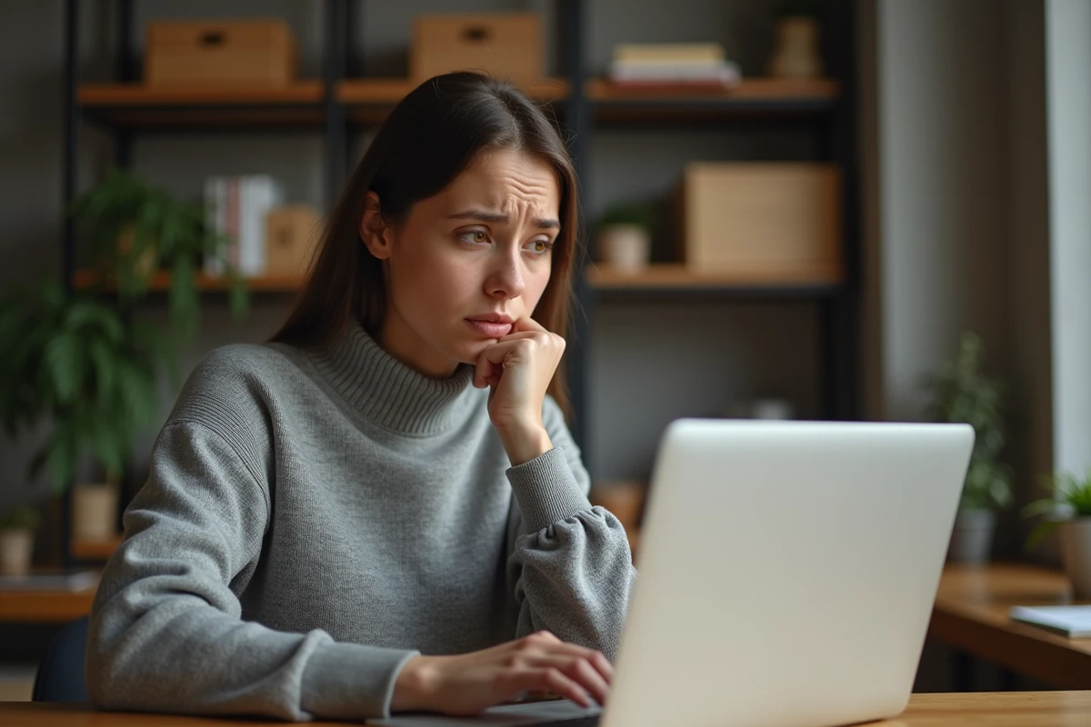 Femme frustrée devant son ordinateur portable découvrant les conséquences de son pseudo en ligne
