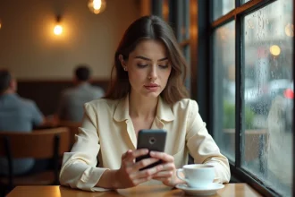 Femme assise dans un café rédigeant un message de refus poli sur son smartphone avec une expression douce et réfléchie