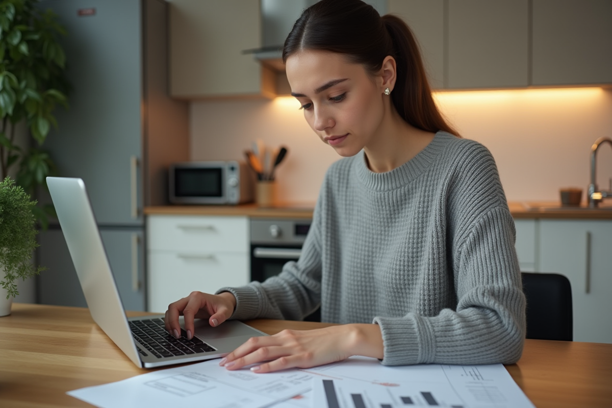 Jeune femme saisit des données sur un ordinateur portable à la maison