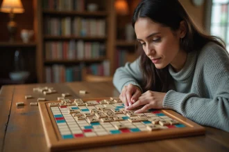 Femme adulte plaçant des lettres Scrabble sur une case mot compte triple lors d'une partie à domicile