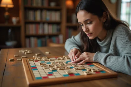 Femme adulte plaçant des lettres Scrabble sur une case mot compte triple lors d'une partie à domicile