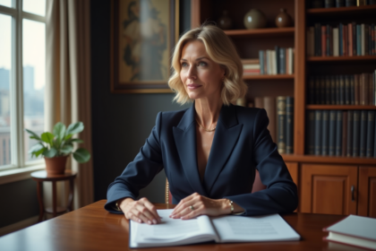 Femme élégante en tailleur navy dans un bureau sophistiqué