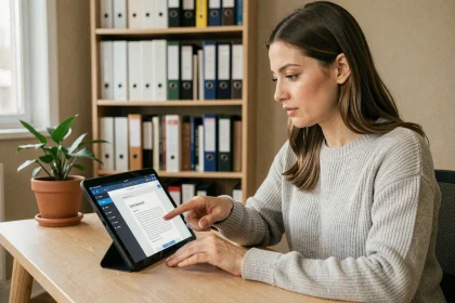 Femme utilisant une tablette pour régler les paramètres de lecture d'Epsilone Scan dans un bureau à domicile moderne