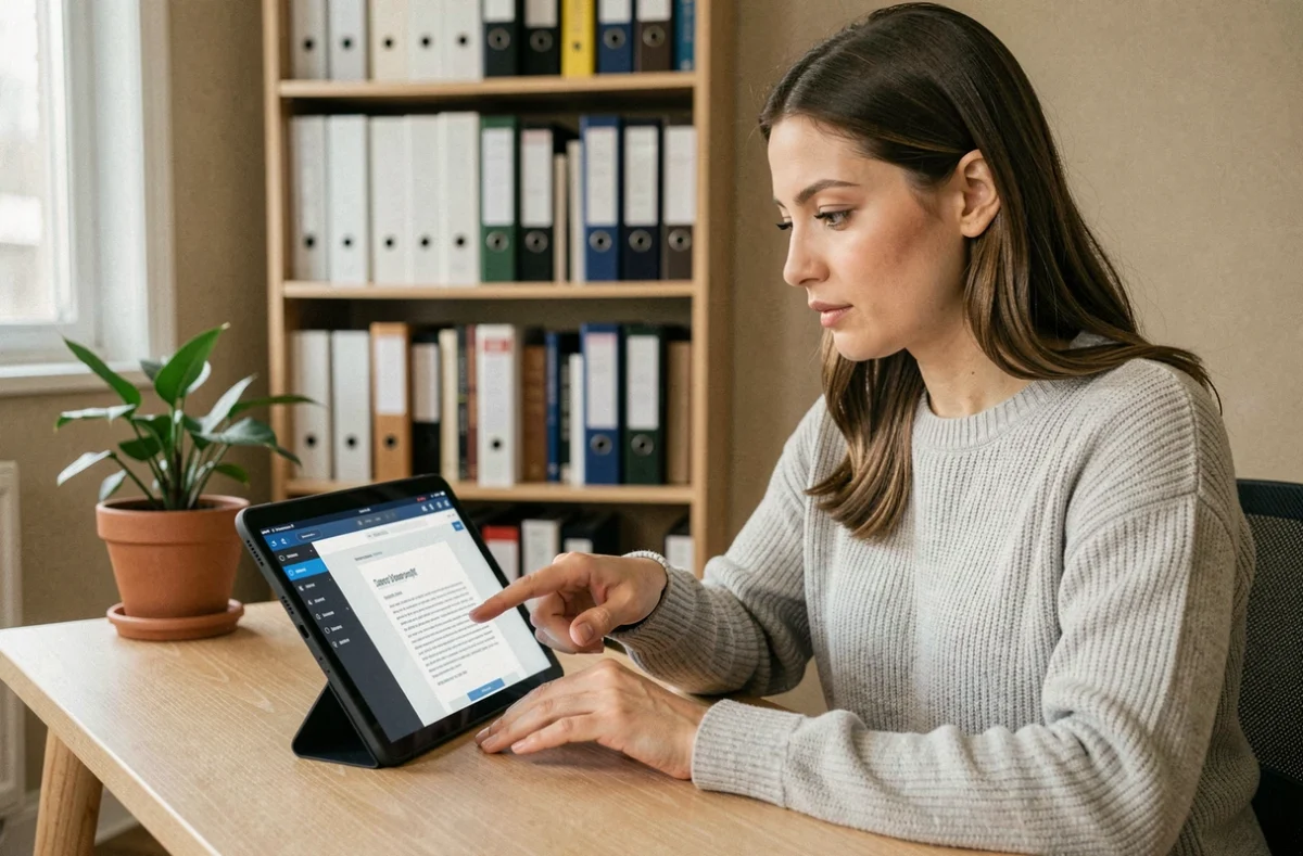 Femme utilisant une tablette pour régler les paramètres de lecture d'Epsilone Scan dans un bureau à domicile moderne