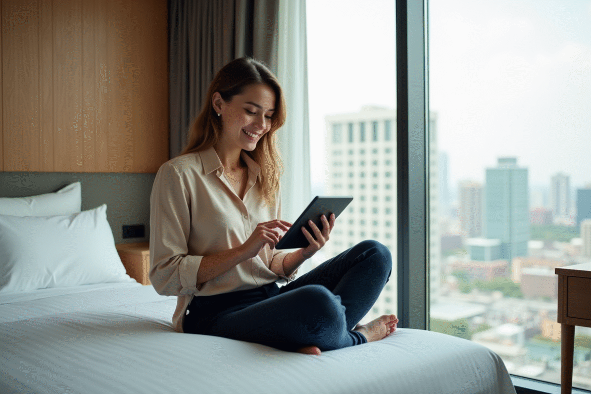 Jeune femme souriante utilisant une tablette dans une chambre d'hôtel